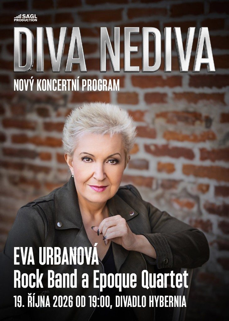 Plakát koncertu DIVA NEDIVA — Eva Urbanová, Rock Band a Epoque Quartet, 19. října 2026, Divadlo Hybernia